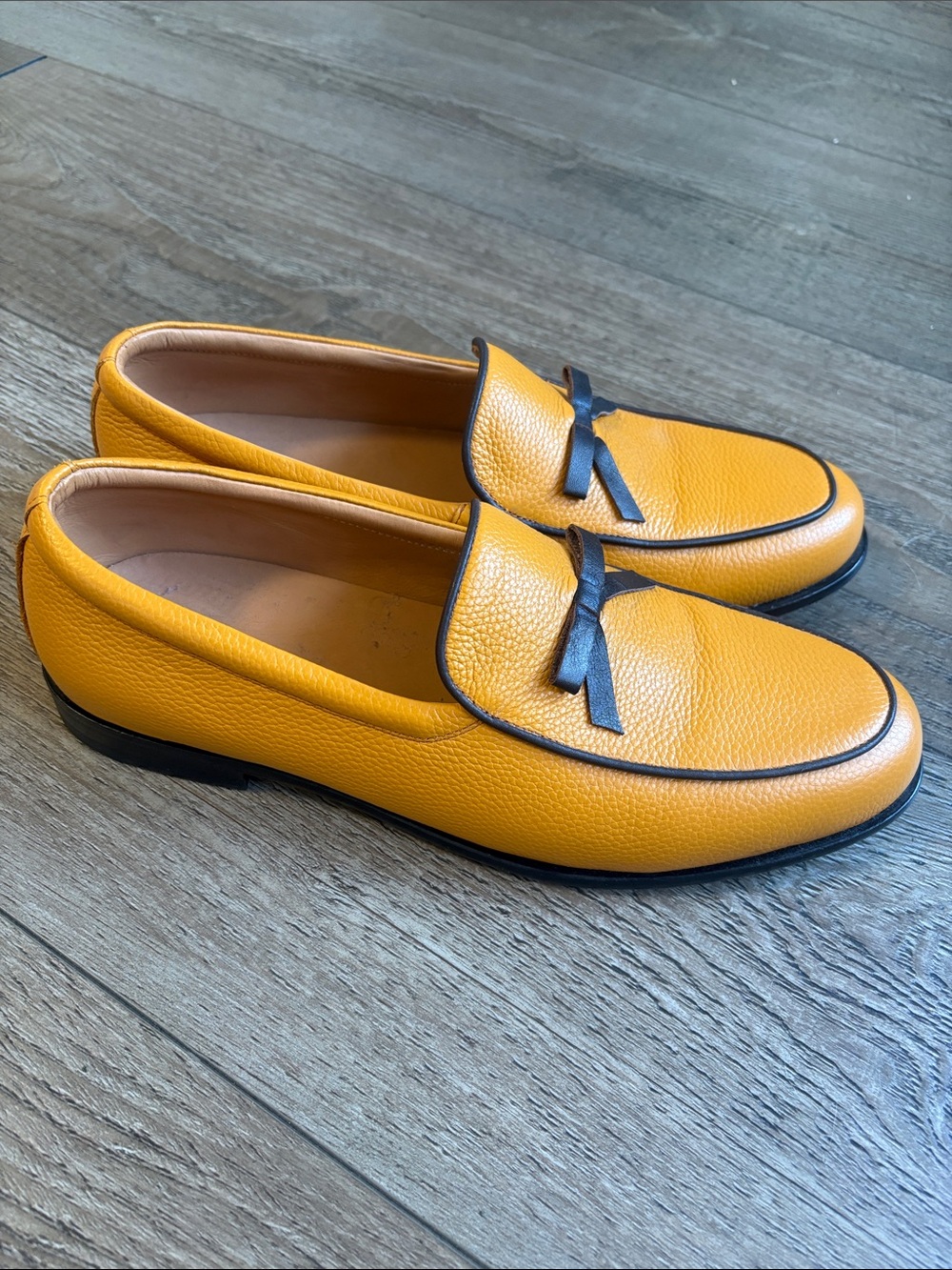 Marc Nolan Odell Loafers in Mustard Pebble Leather w Brown Leather Bow